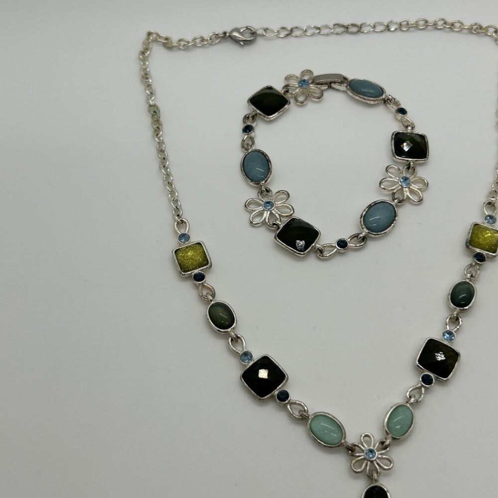 Multi Color Link Chocker Necklace & Bracelet Set Silver Setting With Multi Color - Picture 5 of 16